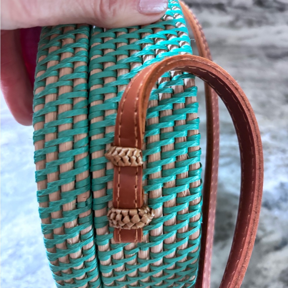 CARLA 8” RATTAN BAG | TURQUOISE REAL RATTAN BAG MADE IN BALI - Picture 5 of 6